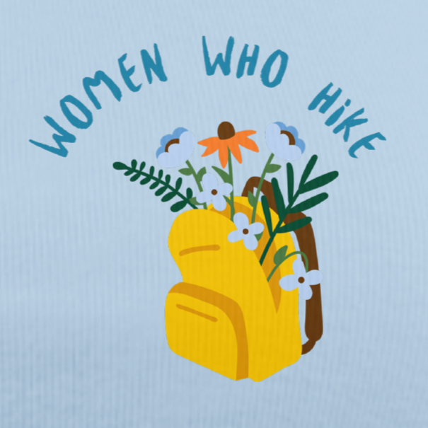 Yellow backpack with flowers and 'Women Who Hike' text on a light blue background